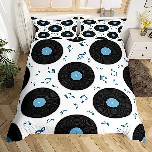 Musical Theme Duvet Cover Full King Size Vinyl Records Comforter Cover Music Theme Bedding Set For Boys Girls Bedroom Dorm Decor