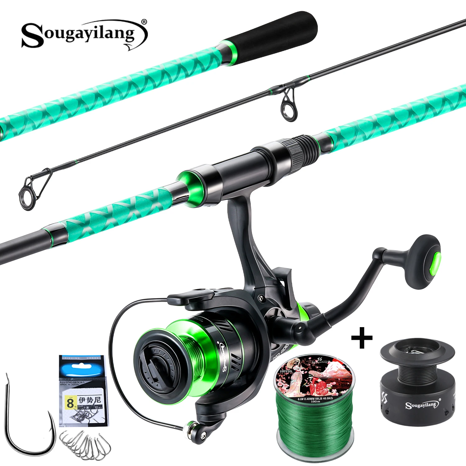 Combo de Caña y Carrete de Pesca Sougayilang, Caña de Pesca Portátil de 3 Secciones y Carrete de Spinning 13+1BB, Línea PE, Anzuelos para Pesca de Carpa y Surfcasting