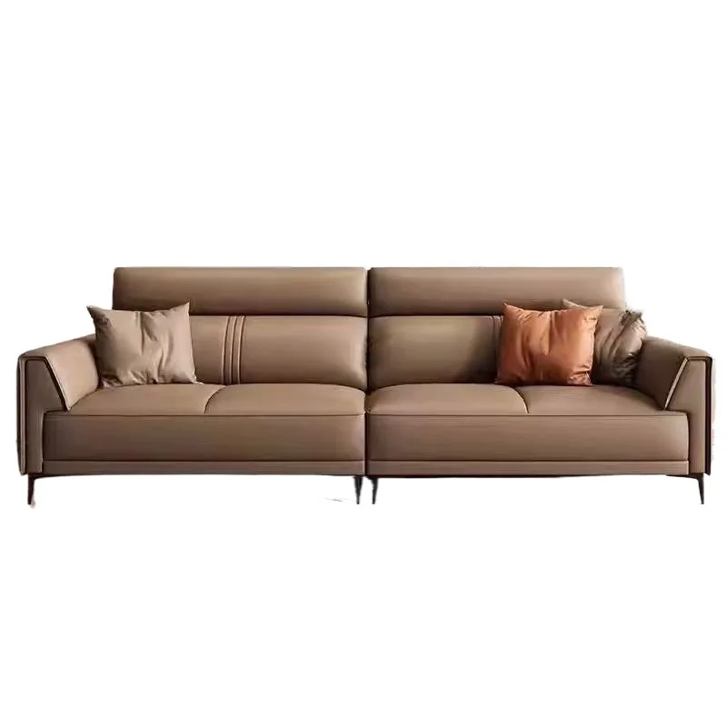 Italian minimalist genuine leather sofa, modern minimalist living room, small home layout, vertical row high legs