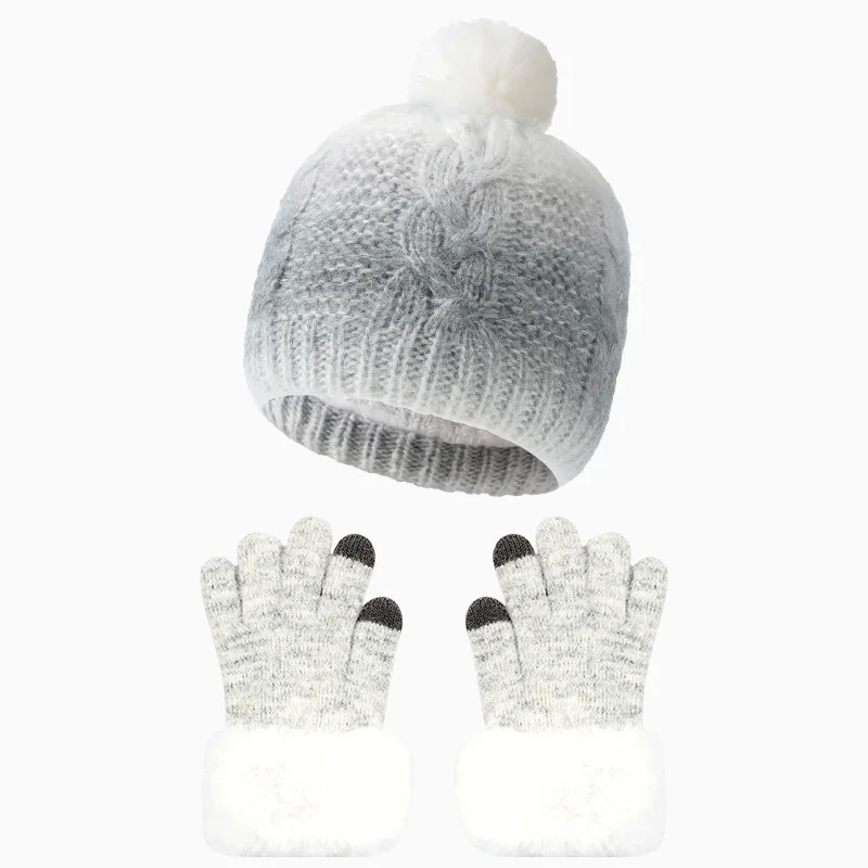 2Pcs Winter Gradient Color Children Hats Gloves Set Plush Warm Faux Fur Boys Girls Cap Knitted Soft Kids Hats Mittens