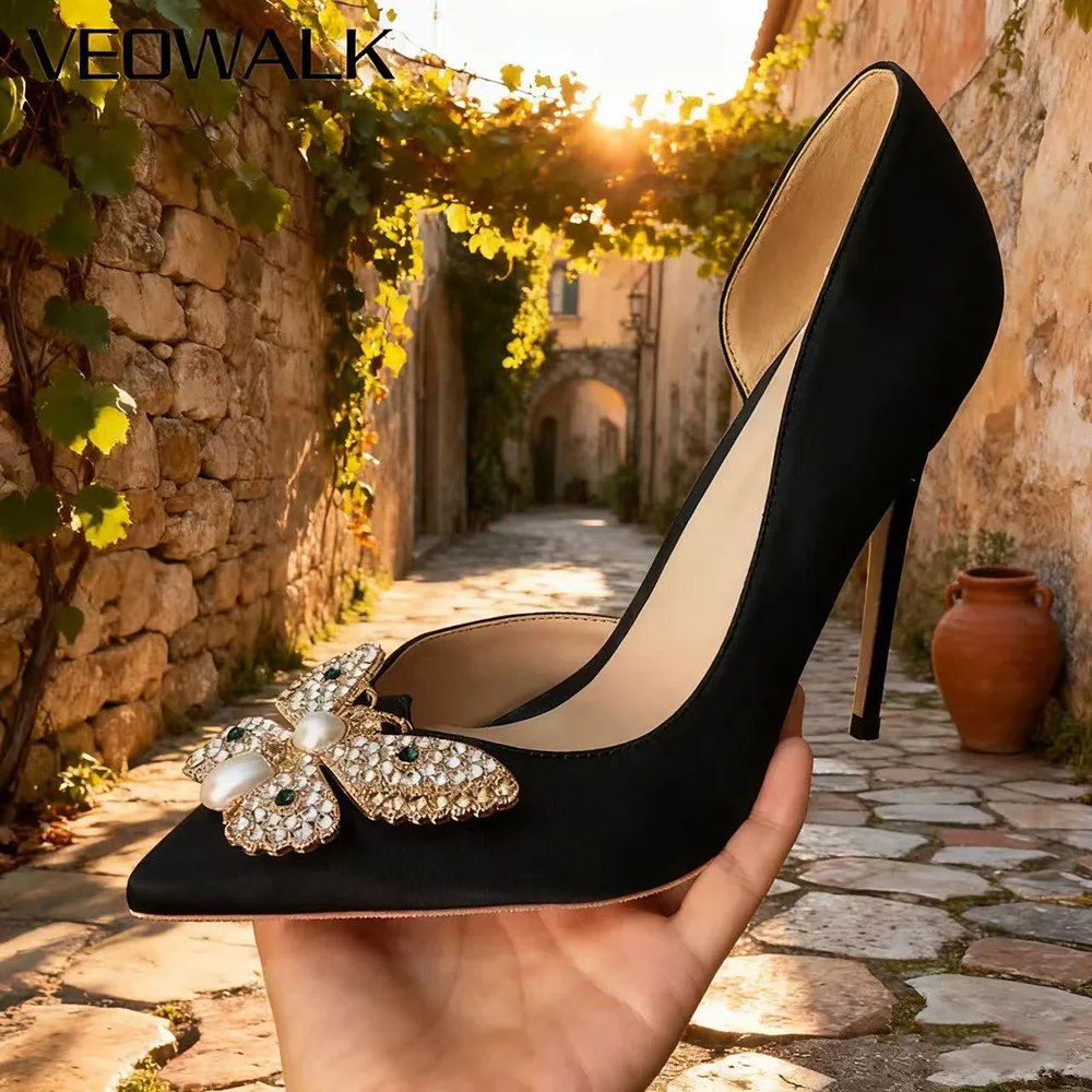 

Veowalk/черные атласные туфли на шпильке со стразами-бабочкой, женские туфли-лодочки с острым носком, элегантные женские туфли на высоком каблуке для вечеринок