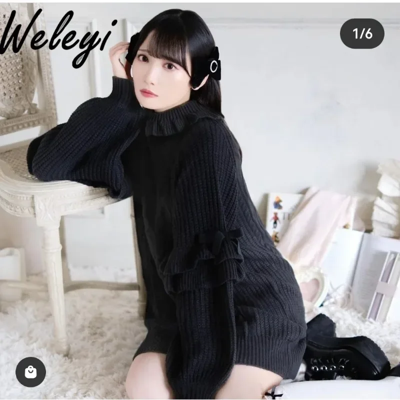 

Cute Japanese Fashion Knitted Dress Women's 2024 Winter New Sweet Butterfly Long Sleeved Turtleneck Three Color Knitted Dresses