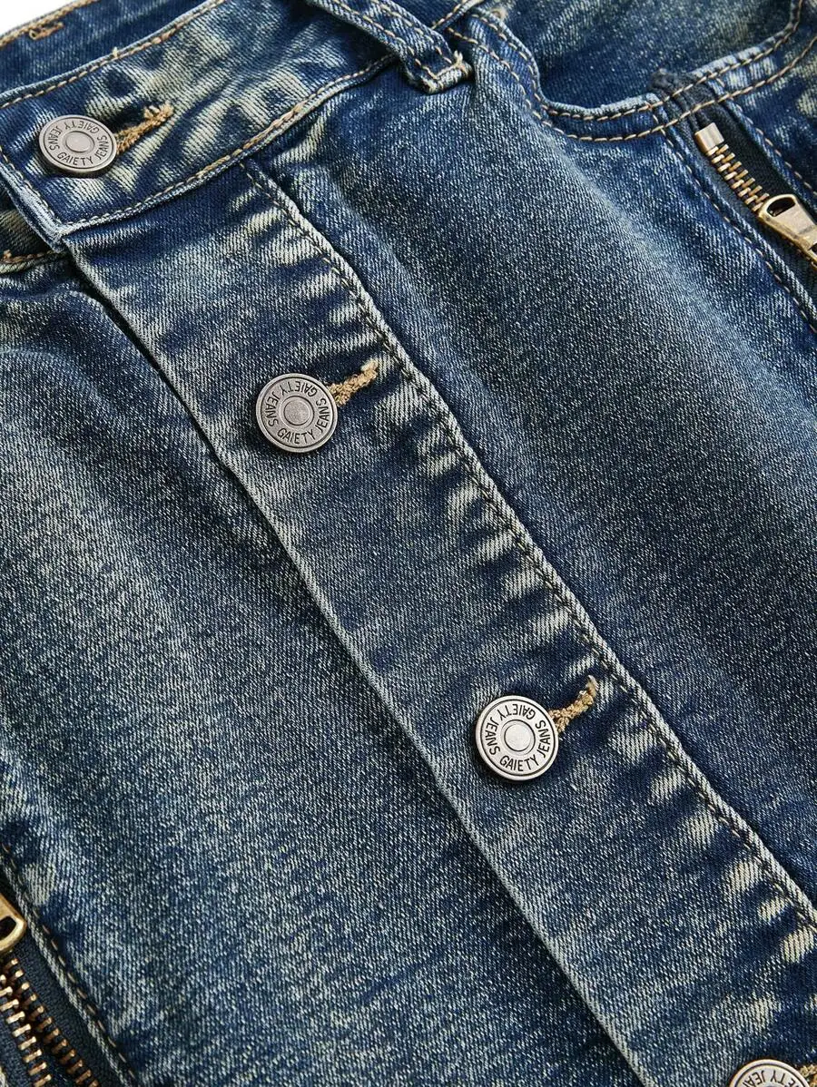 ダメージ加工ジッパー付きカーゴミニデニムスカート（ボタンフロント）