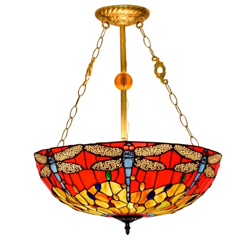 

50CM American retro red bottom dragonfly Offany stained glass living room dining room bedroom chandelier