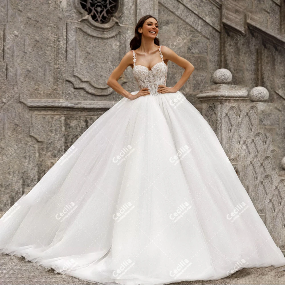 Vestidos de casamento elegantes com apliques de renda, vestidos de noiva vintage, vestes de cetim para festa formal