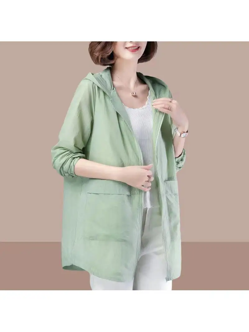 Women's plus Size Summer Long Sleeve Sun Protection Clothing Outerwear Breathable Loose Fit UV Protection Medium Length
