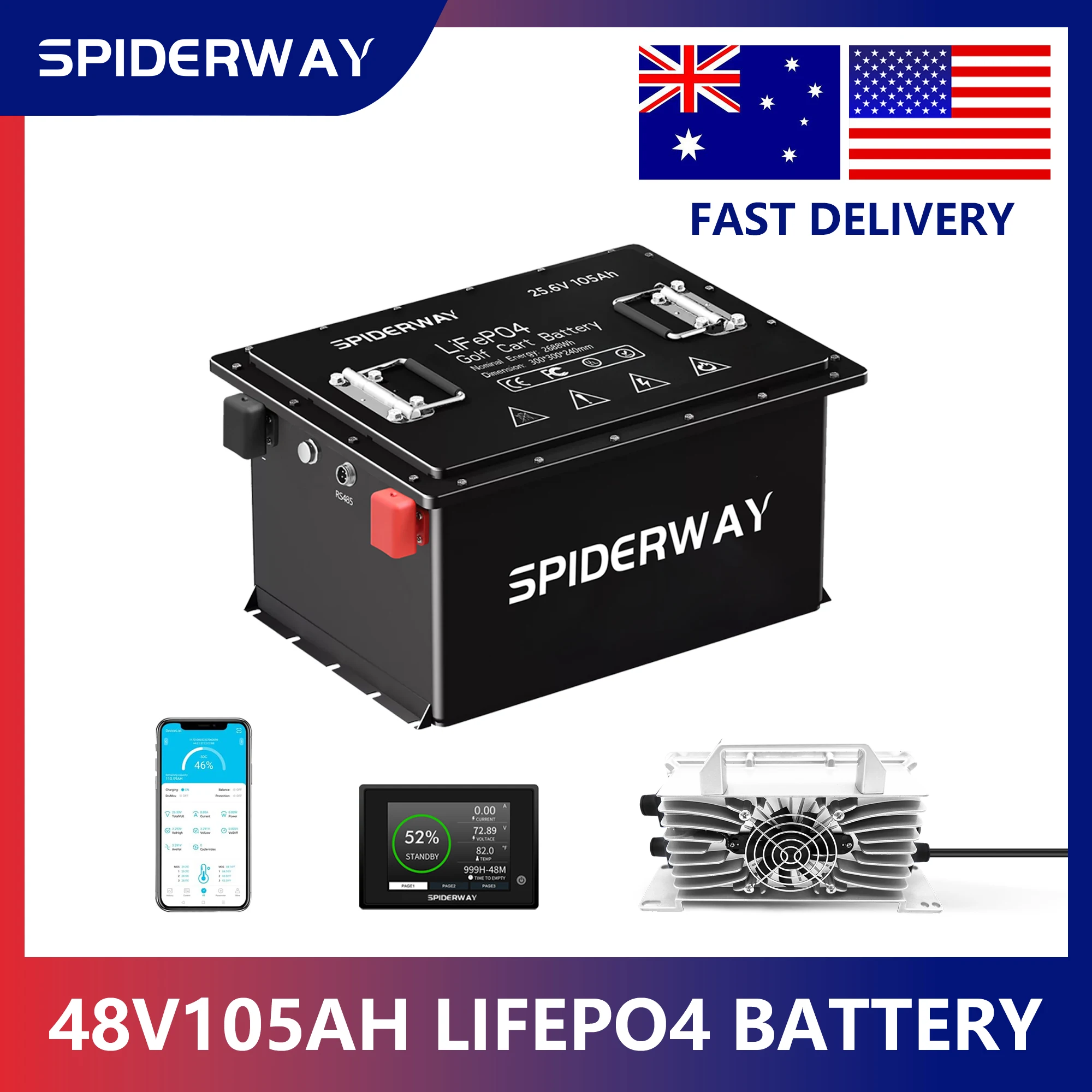 

Литиевая батарея LiFePO4 для гольф-кара 48 В 105 Ач с зарядным устройством 200 А BMS Макс. 10,24 кВт для расширенного привода EV ADVENT 2 4 4 л 4F 6LG29 YDRE