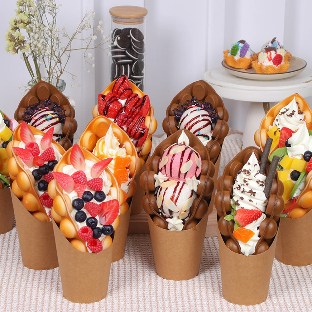 

1pcs Simulation Egg Waffles Ice Cream Model Sample Dessert Fake PU Bubble Waffle Food Fruit Chocolate Fruit Ice Cream Decoration