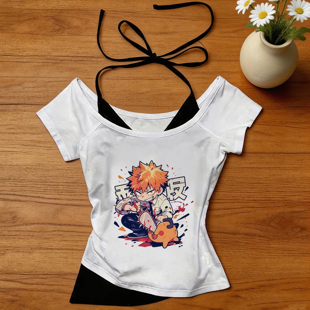 Chainsaw Man crop top women harajuku vintage gyaru korean fashion funny tshirt gothic kawaii anime cute graphic