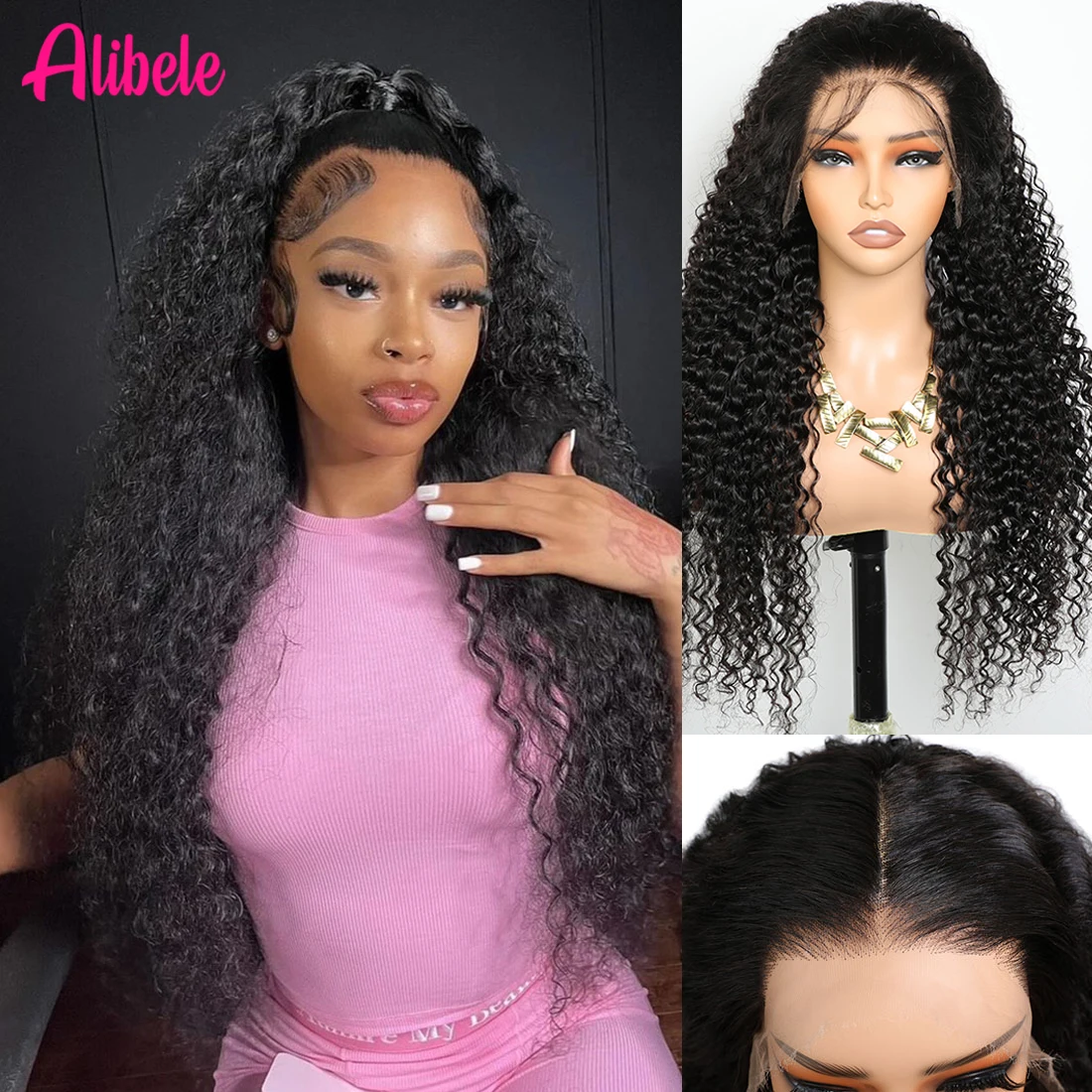 

13x4 Curly Lace Front Wig Transparent Lace Frontal ALIBELE 12A Virgin Hair Pre Plucked Human Hair Wig For Black Women