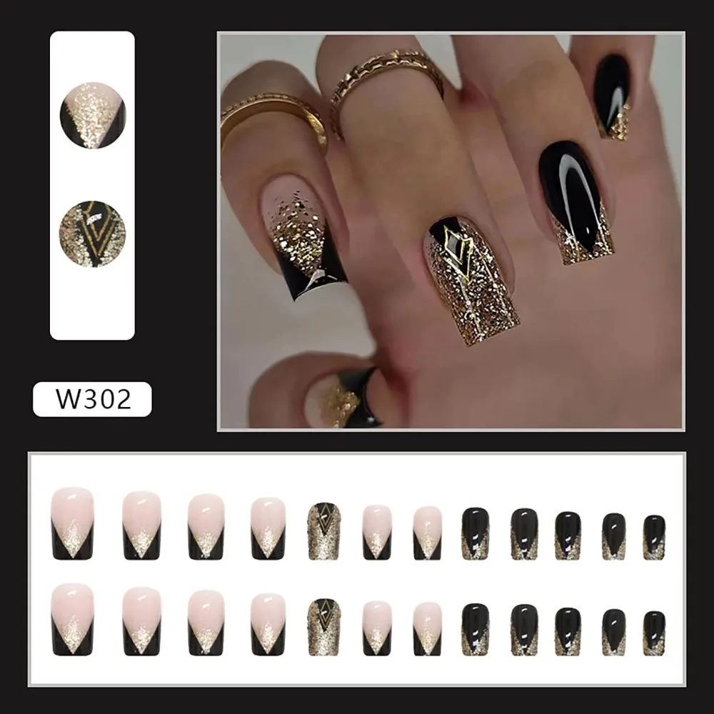Medium Length Black Acrylic Square Press on Nails with Gold Foil Designs for Women