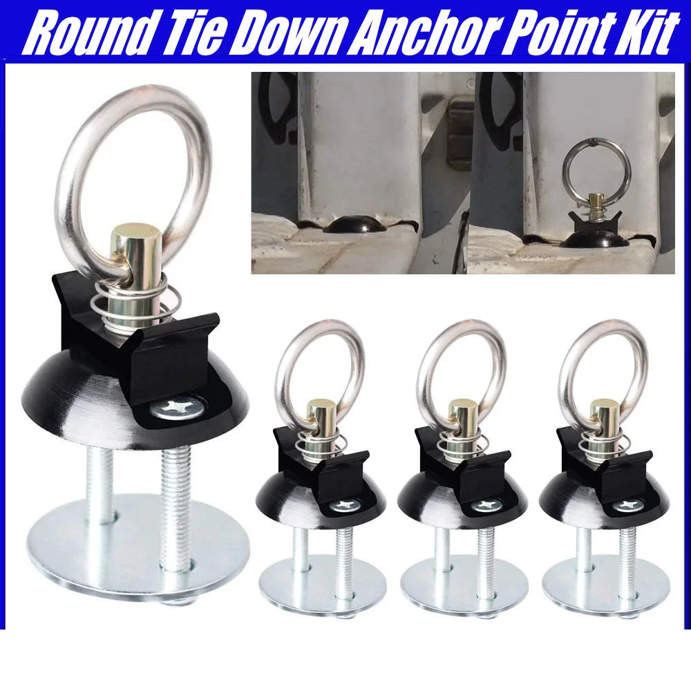 4PCS L-Track Single Stud Fitting with Round Ring Black Cargo Tie Down Anchor Kit for Truck Trailer Pickup Camper L Rail Track