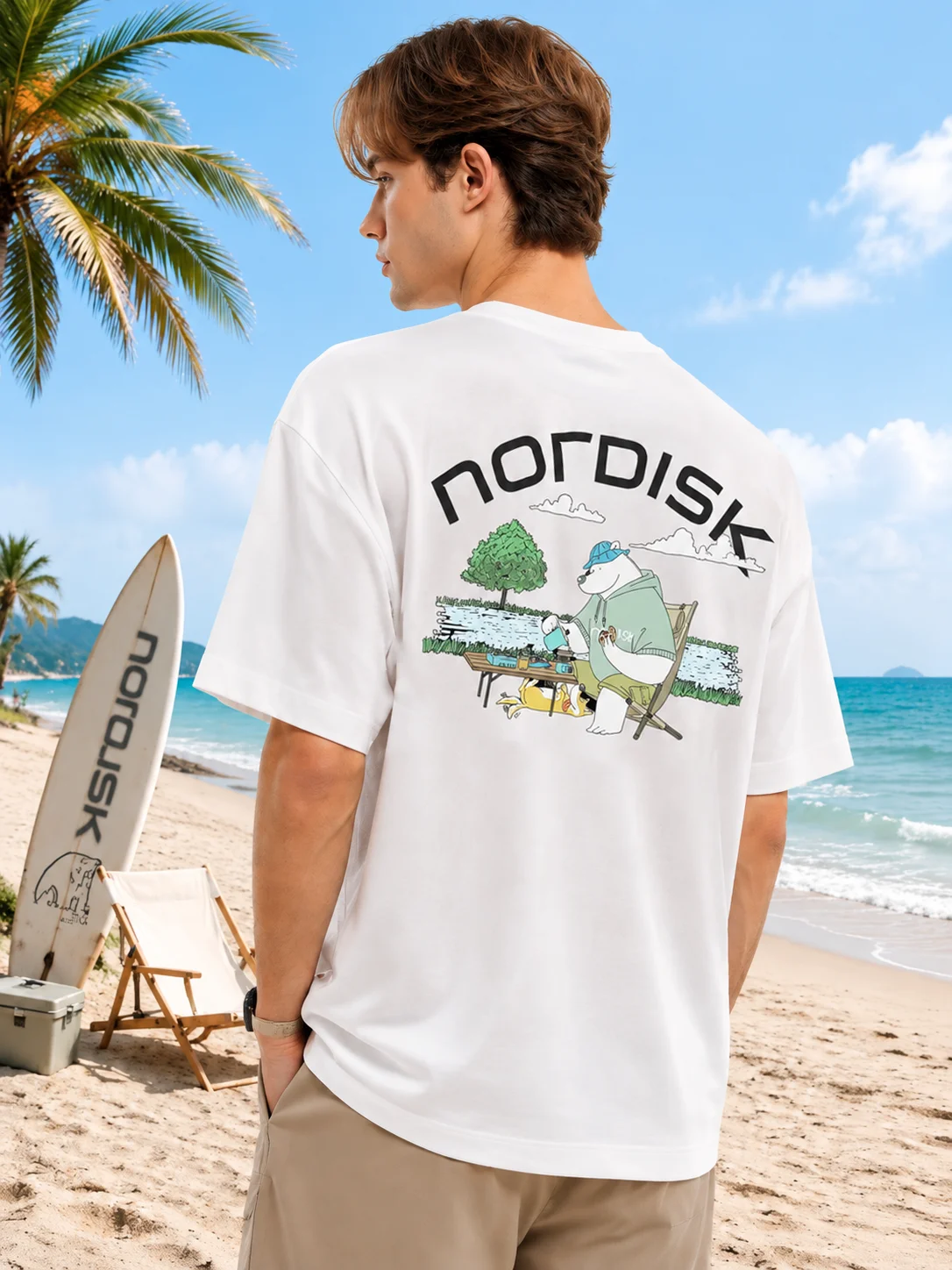 2026 Men White Cotton T Shirt Cartoon Polar Bear Hammock Camping Print Crew Neck Tee Beach Outdoor Casual Oversized Loose Tee