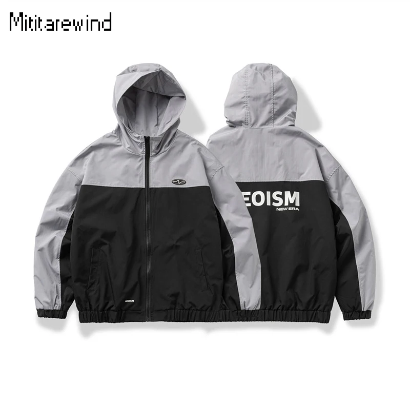 

American New Men's Jacket Spring Jacket Loose Casual Sports Male Coat Patchwork Design Zipper Hooded Jackets Youth Streetwear