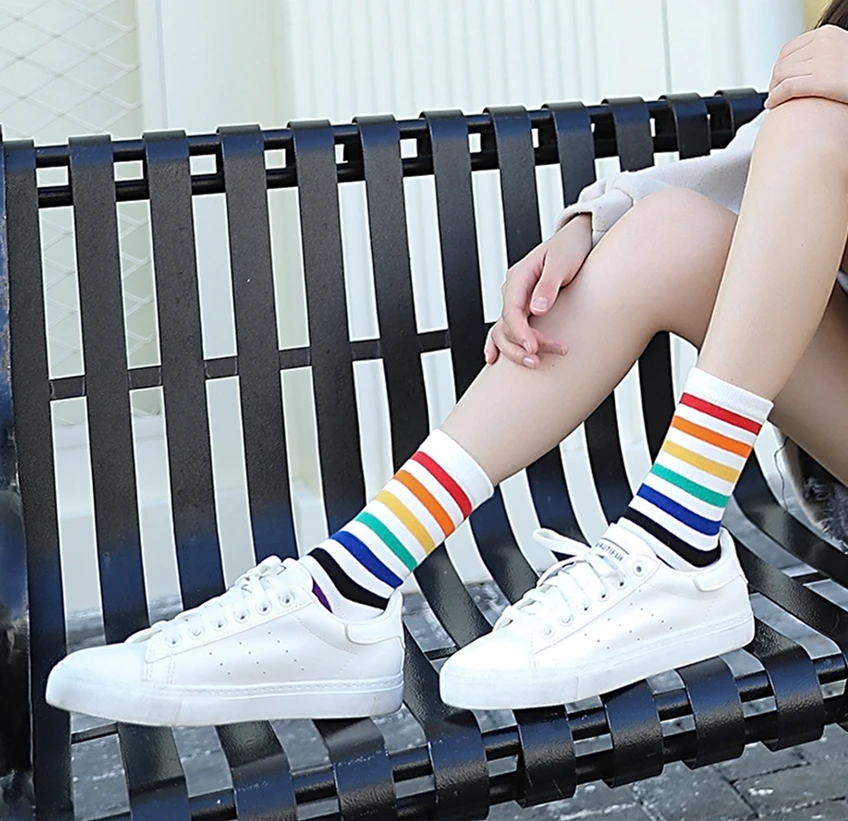 New Colorful Hipster Rainbow Stripes Unisex Mid-Tube Socks Harajuku Style Gift Sokken Dropship