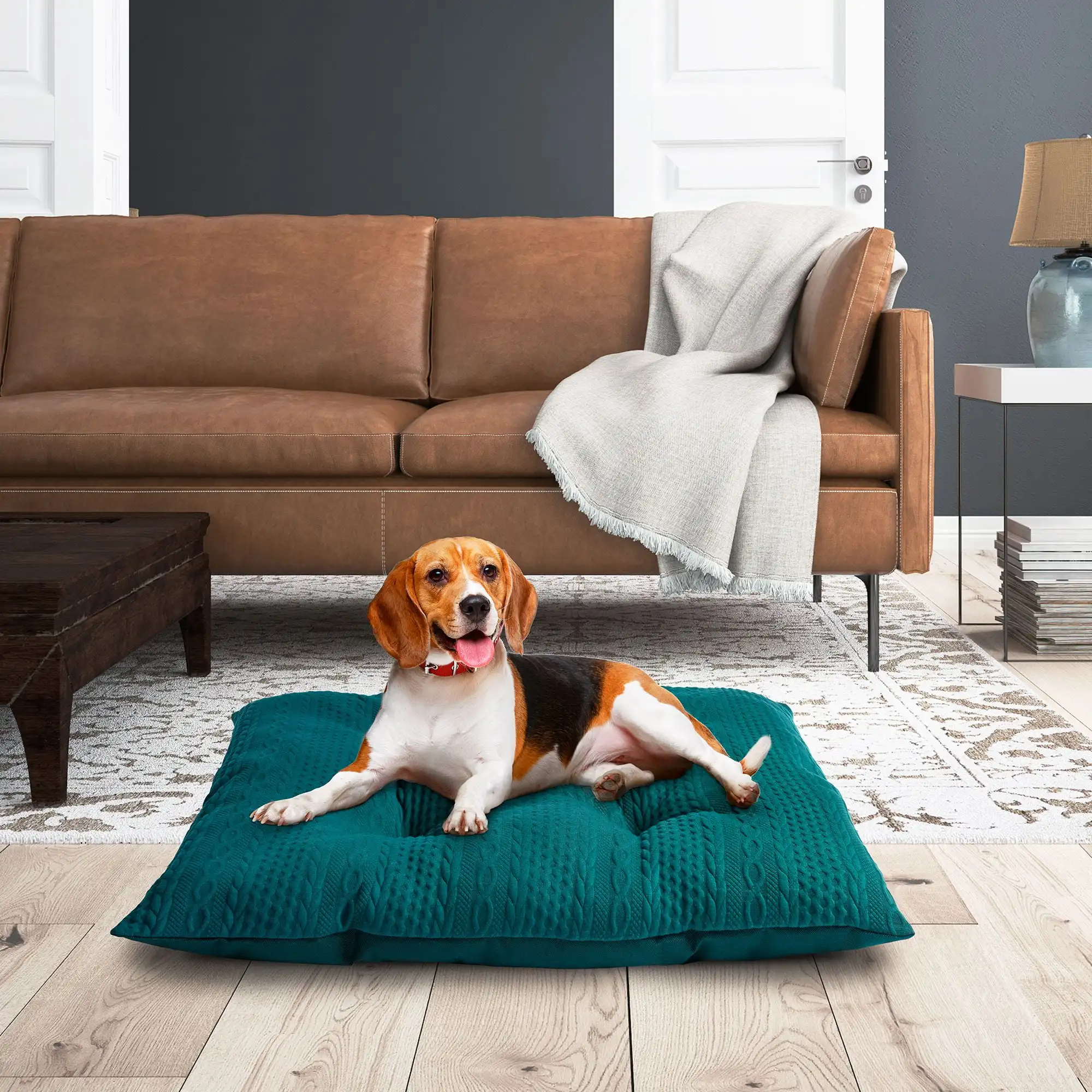 

Tufted Pillow Large Dog Bed Gift Set, Green Knit & Tartan Plaid