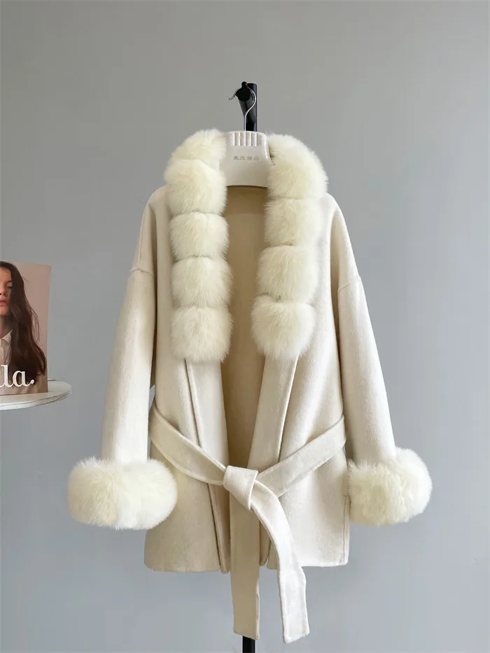 2026 New Arrival Women Mid Length Double Faced Wool Coat Fox Fur Collar Belted Loose Warm Woolen Outerwear Winter Fashion Coat