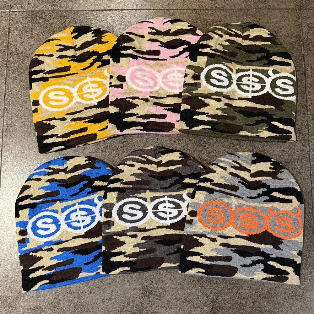 26FW Retro Camouflage Graphic Print 100%Cotton Casual Hat Keep Warm Beanie Knitted Stretchable Skullcap Men Women