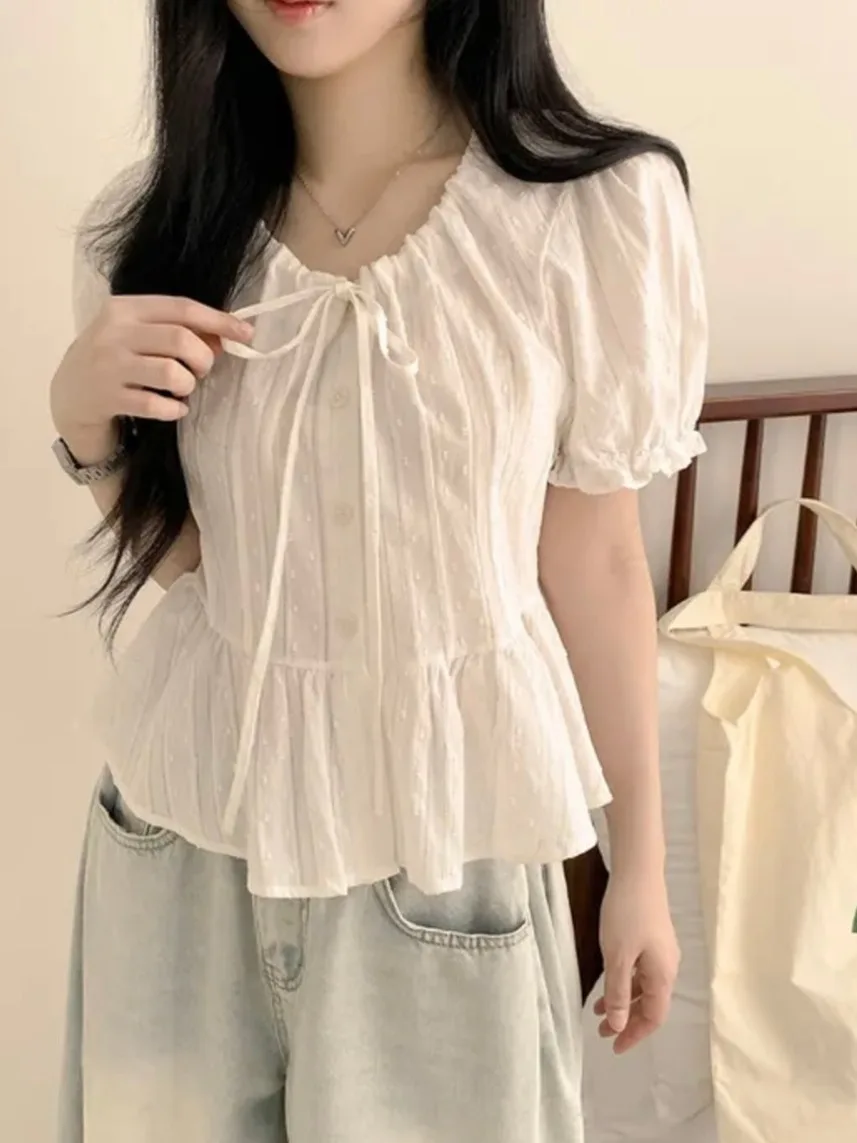 Summer Sle Women's Small Asset round Ne Lace irt Korean Version 3D Dot Tie Blouse ort Sve Commute Faion