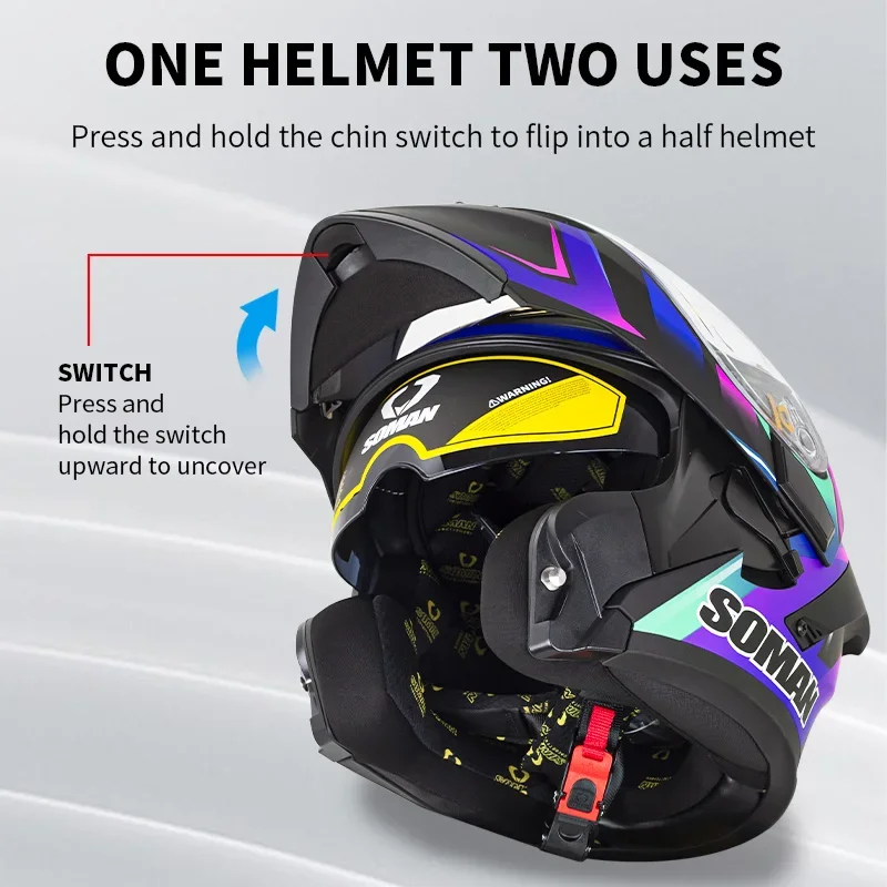 SOMAN-Capacete de motocicleta integral para homens e mulheres, lente dupla, capacetes flip-up, viseira aprovada DOT, acessórios de moto racing