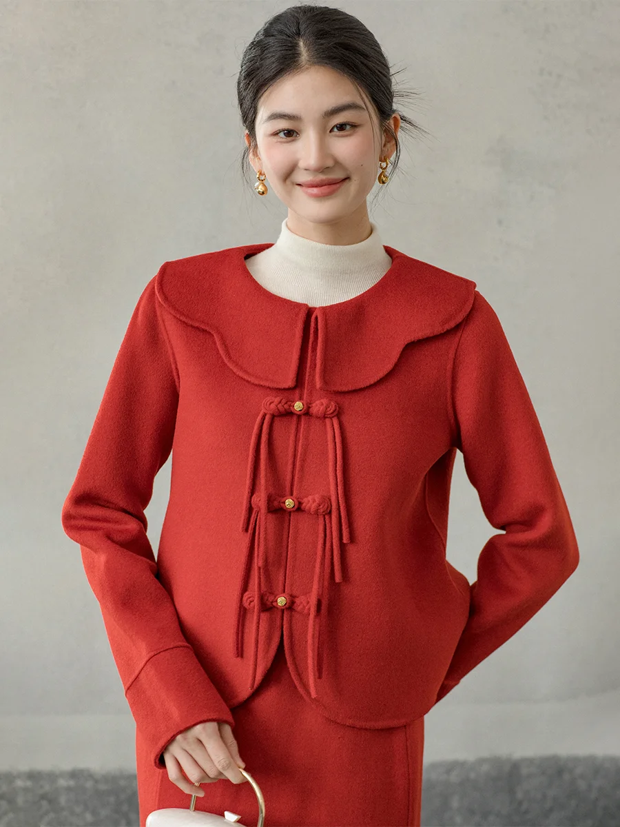 

Red Chinese Sle Woolen Set Women's New Year Ceremony Clothing Cloud oulder Double-Faced Coat Traditional Hanfu Outerwear