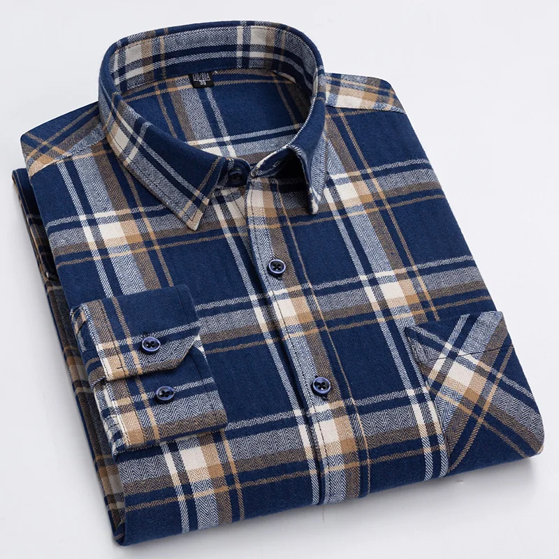 New Spring Autumn 100% Cotton Flannel Plaid Mens Shirts Casual Long Sleeve Regular Fit Dress Shirts For Man Clothes 6XL 5XL 4XL