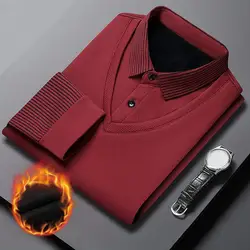 Suéter listrado estilo empresarial masculino com lapela, suéter com gola de camisa, pulôver de malha quente, pelúcia grossa, formal, outono