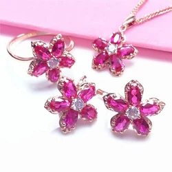 585 Purple Gold Plated 14K Rose Gold Inlaid Red Crystal Flower Bloom Engagement Suit Luxury Sweet Romantic Rings earings jewelry