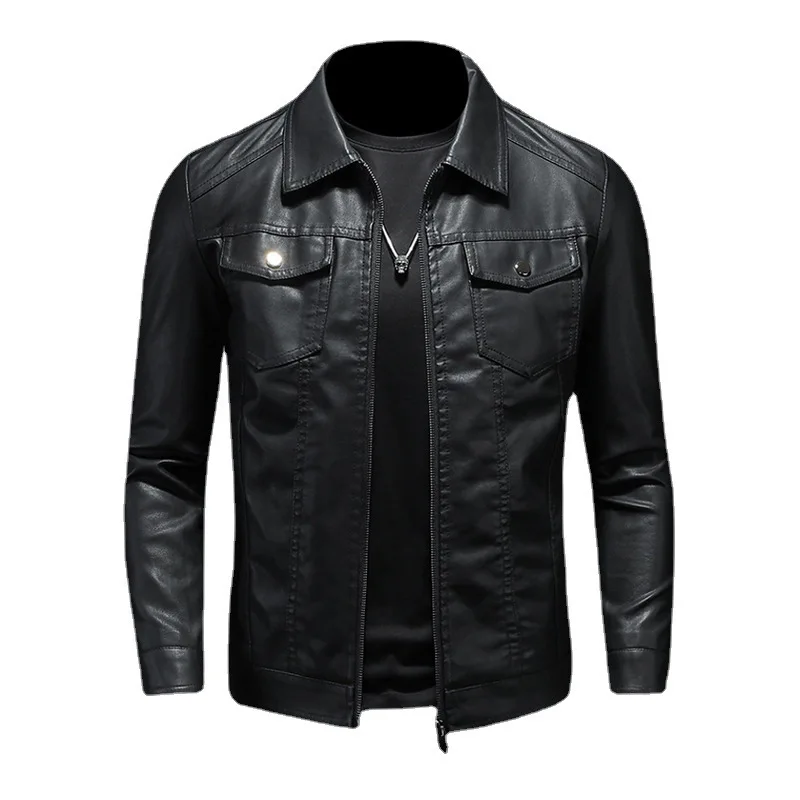 Veste de moto en cuir pour hommes, grande taille, poche noire, fermeture éclair, revers coréen, coupe cintrée, manteau en cuir PU de haute qualité pour hommes