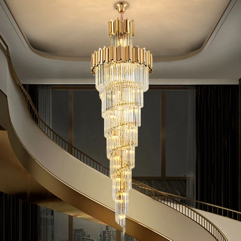 

Hotel Theater Villa Large Chandelier Lighting Luxury Stainless Steel Multi-layer Top Long Crystal Lamp For Living Room Lustres