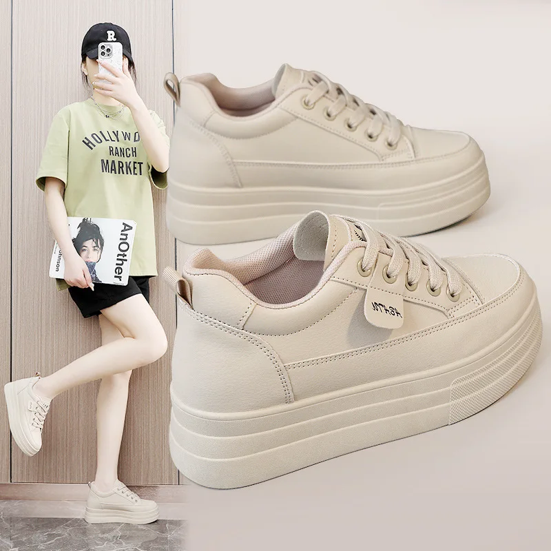 

Women's Shoes Spring 2025 New Thick-Soled Inner Heightening Casual Shoes Women's Pu Leather Platform Sole Versatile White Shoes