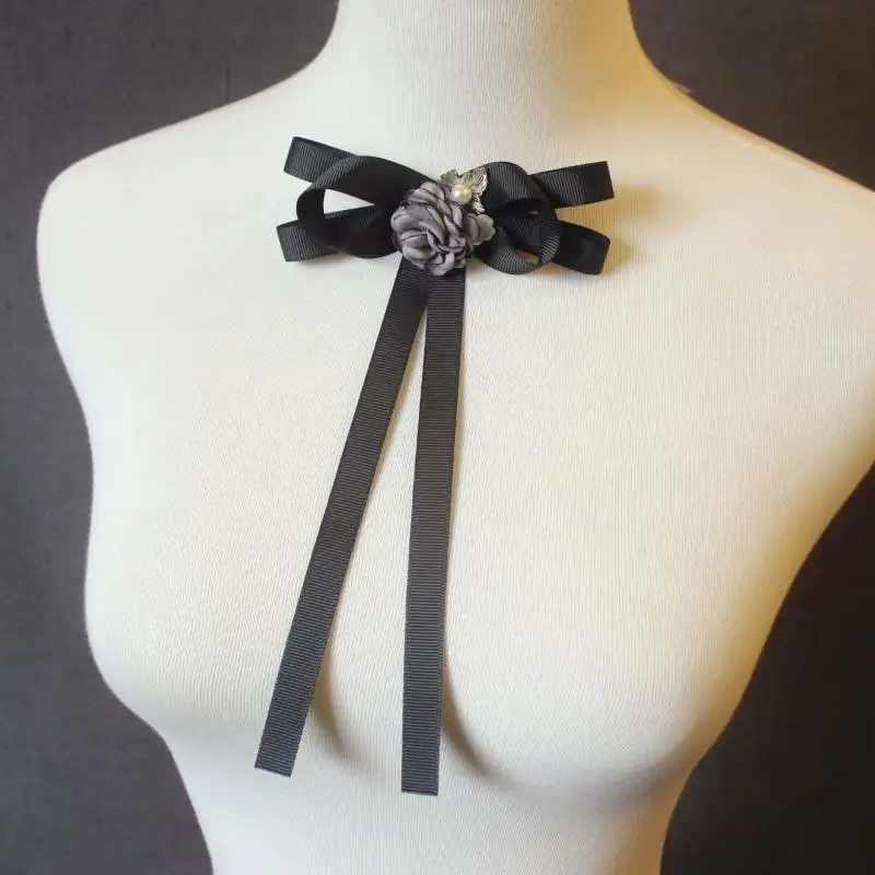 1Pcs Women's Handmade Ribbon Bow Tie Pins in Black, British Korean College Style for White Collar Shirt.