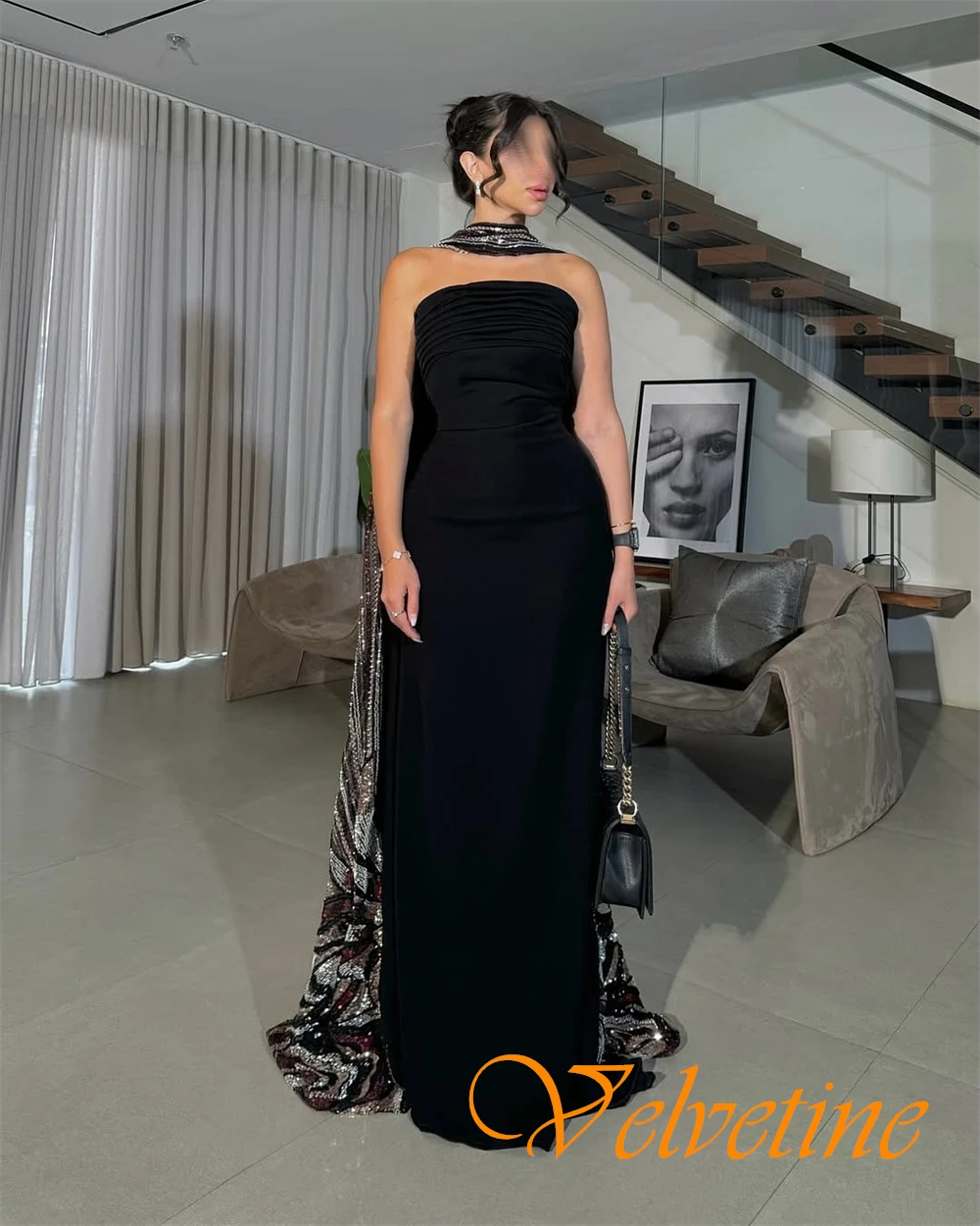 

Customized Graceful Jersey Strapless Evening Dress Exquisite Sequined Prom Dresses Delicate Watteau Train Special Occasion Gowns