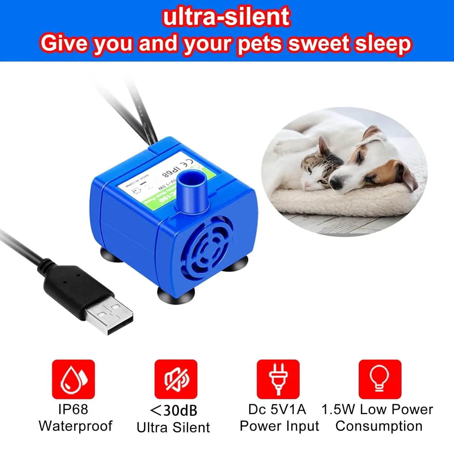 Water Pump Cat Water Fountain Pump With LED Light - Replacement Motor For Pet Cats Dogs Water Dispenser - USB Plug Pet Accessory