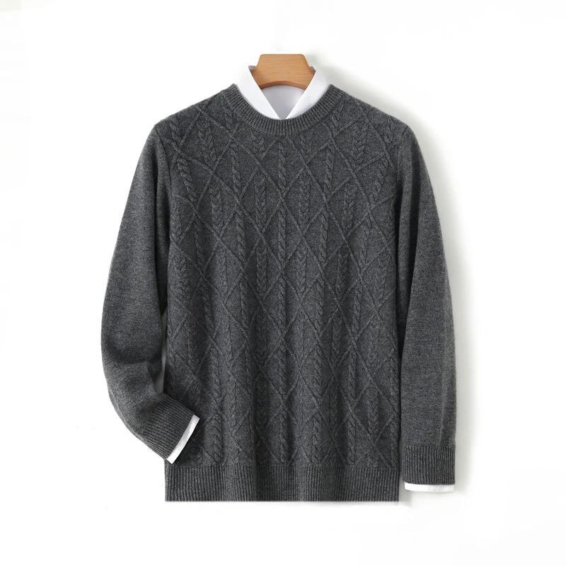 

Autumn Winter New Round Neck 100% Cashmere Sweater Men's Long Sleeve Pullover Diamond Check Cable Cashmere Knitwear