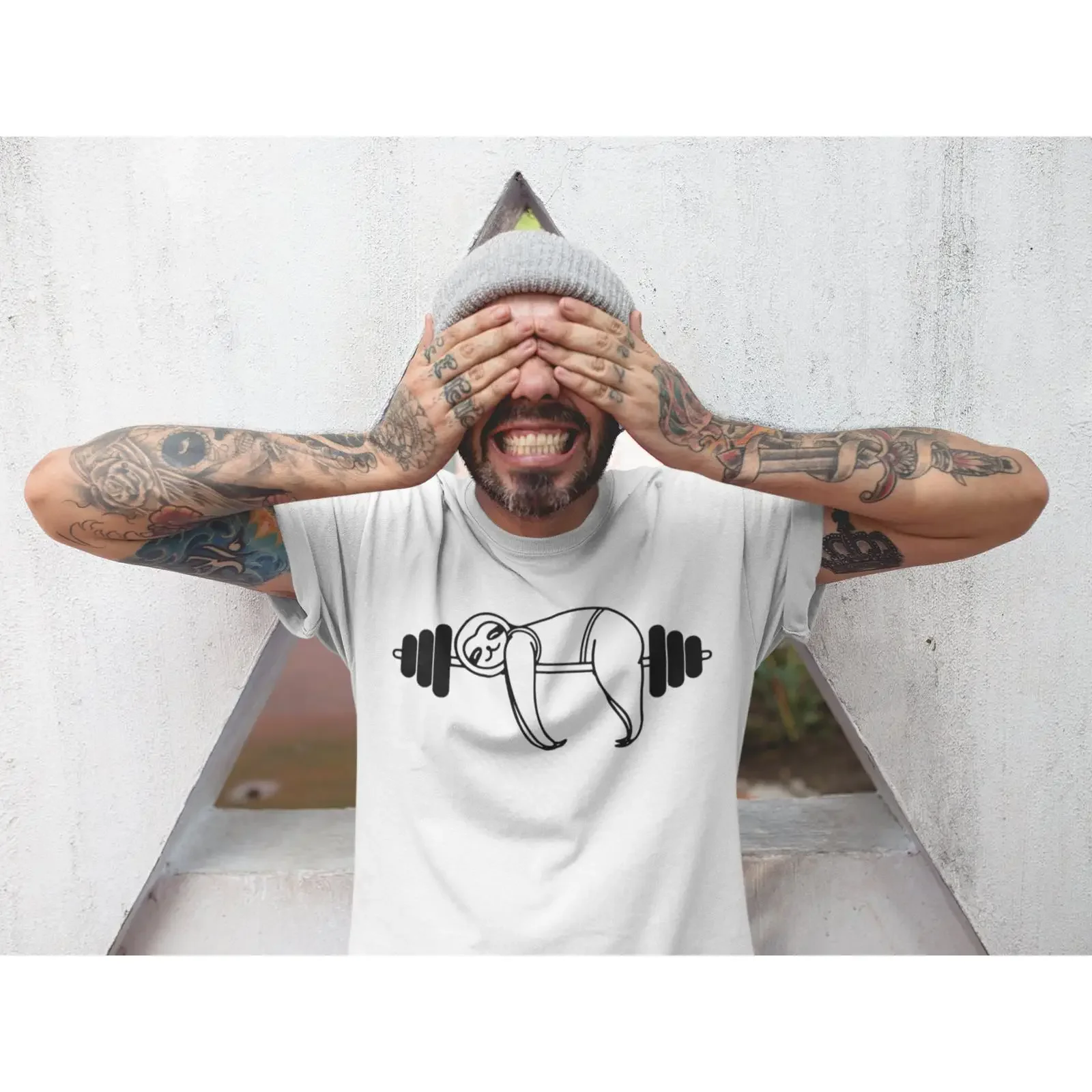 Funny Gym Sloth T Shirt Men Fitness Workout Muscle Powerlifting Bodybuilding vintage Washed streetwear Versatile graphic