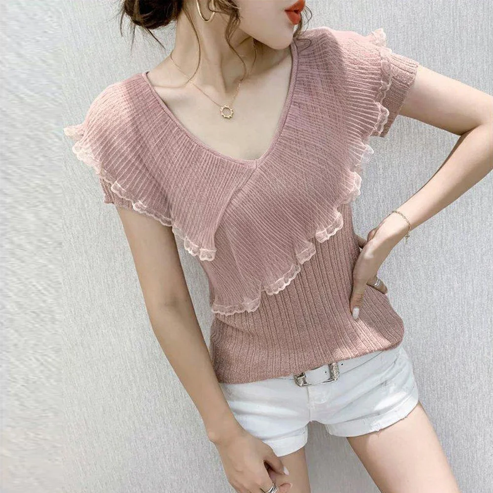 Pink Peacock Violet T Shirt Women Spliced Chiffon Ruffle Edge Office Lady T-Shirt Female V-Neck Short Sleeve Sweater Clothes