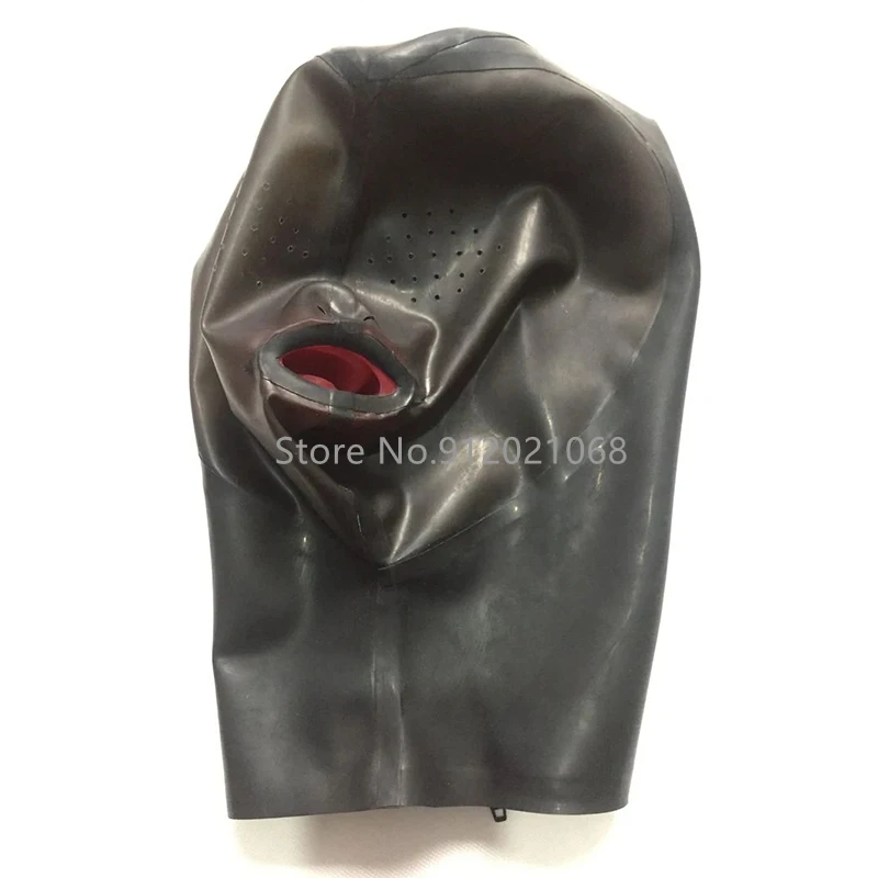 Latex Rubber Hood with Long Nose Tube Teeth Gag Mini Eye Hole Back Zip Handmade Fetish Mask for Men Women (Open  Mouth Type)