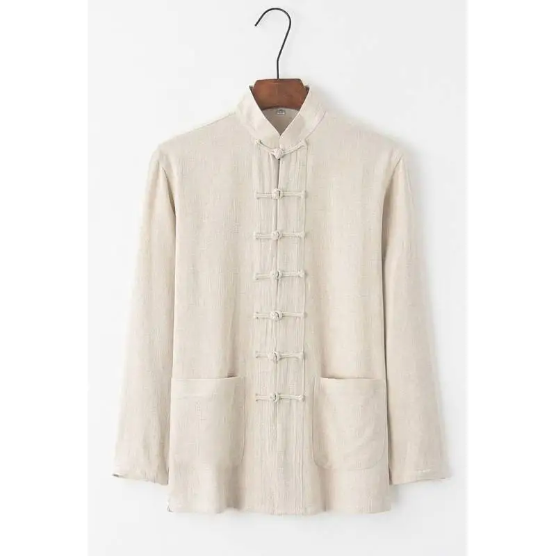 

Мужская рубашка с длинным рукавом из хлопка и льна в китайском стиле, на пуговицах, традиционная повседневная модная молодежная однотонная модель для весны и лета