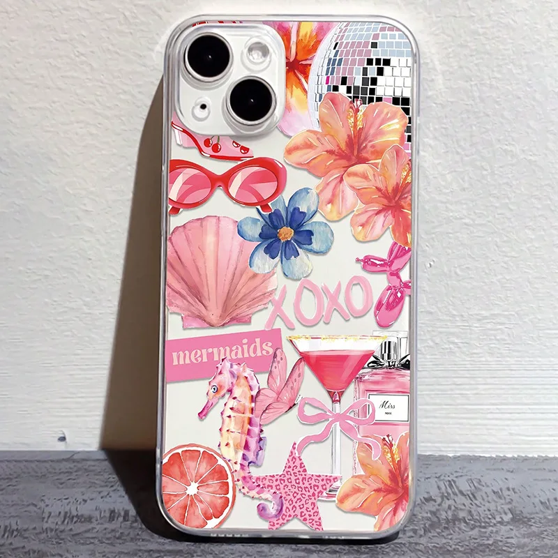 

Модный прозрачный чехол для телефона Ins с розовым узором для iPhone 16, 15, 14, 13, 12, 11, 17 Air Pro Max Plus 13Mini, прозрачный чехол Fundas