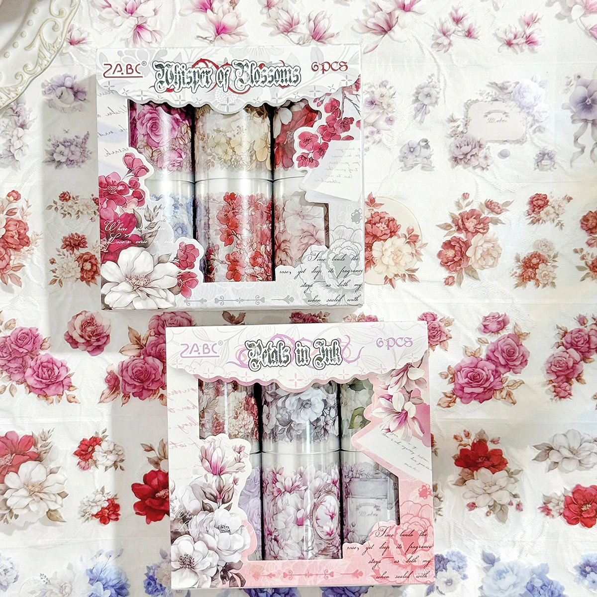 6ロール/箱、クリエイティブな花柄PETステッカーテープセット、DIYスクラップブックやギフトデコレーションに最適、ファッショナブルで美しい