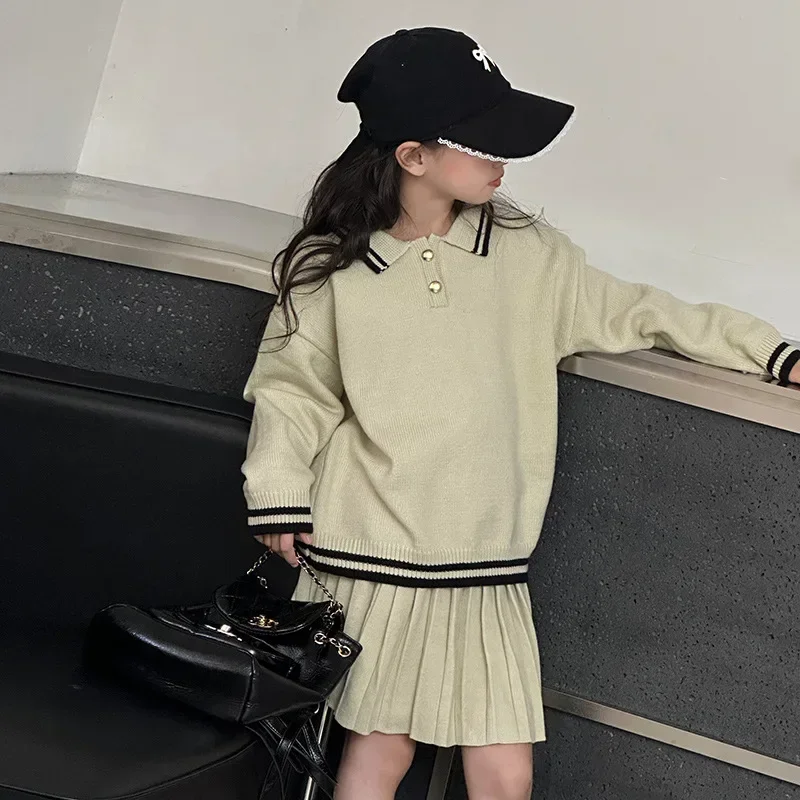 

Girls' Autumn Set 2024 New Korean Version Middle and Large Children's Collar Pullover Knitted Sweater Half Skirt pleated 2pieces