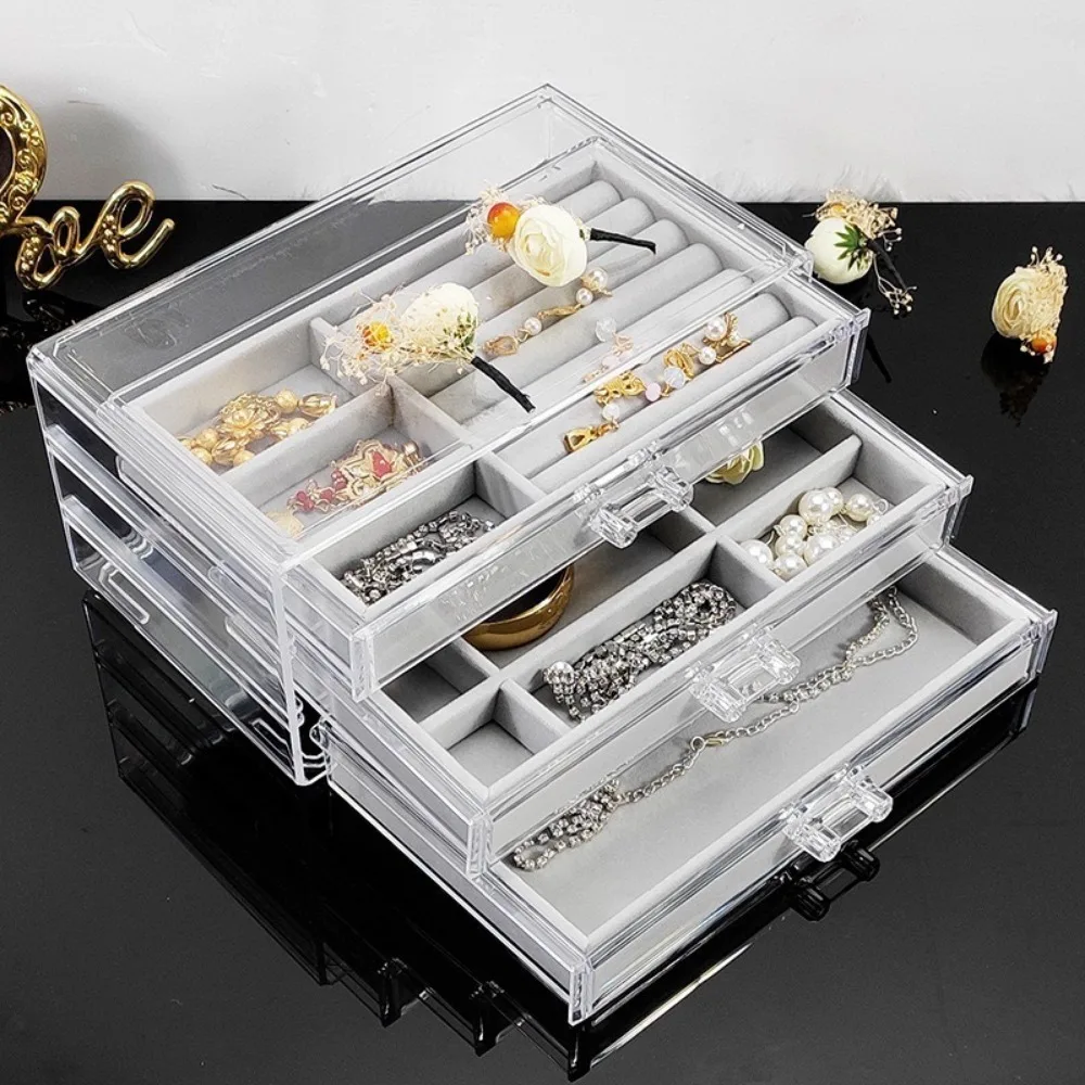 Acrylic Velvet Jewelry Organizer with 3 Drawers Stackable Display Storage Earrings Necklace Bracelets Box Holder Case for Women