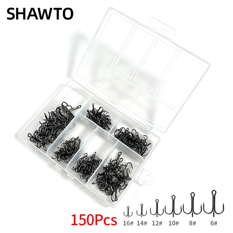 Shawto 150pcs High Carbon Treble Fish Hook Super Sharp Solid 6/12/14/16# Triple Barbed Steel Fishing Lure Jigging Fishing Hook