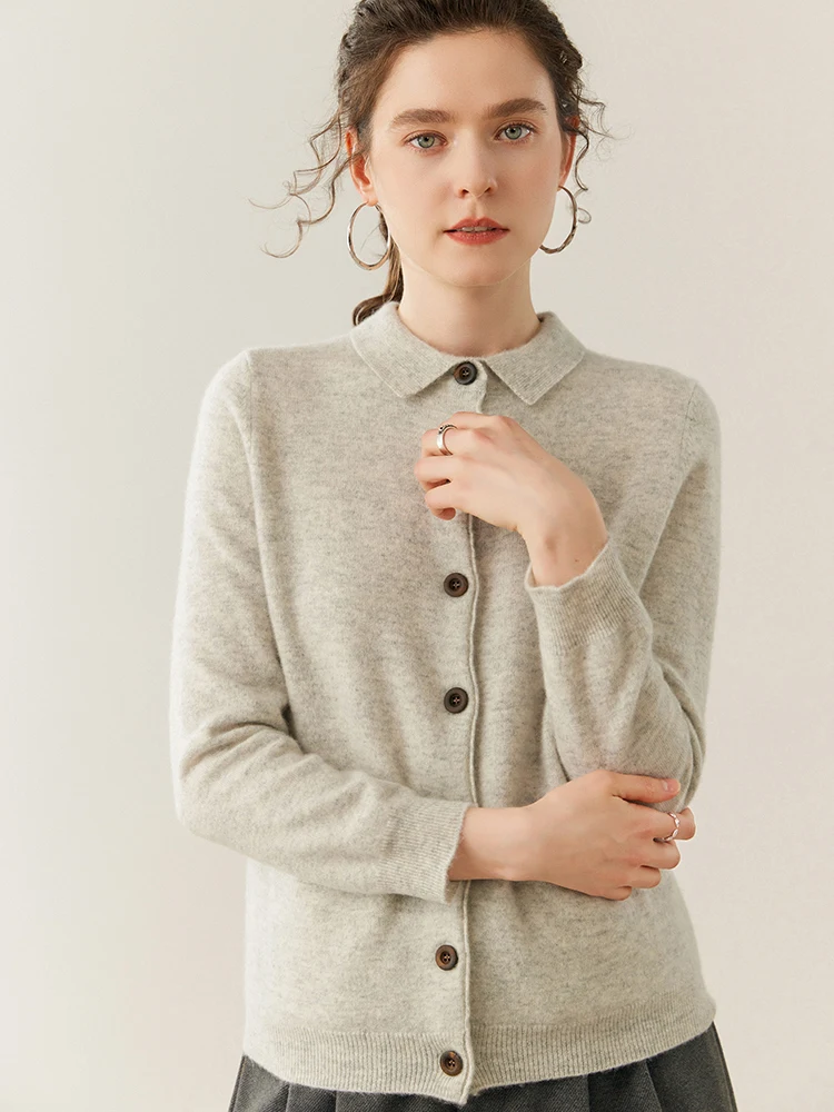 

MEETCC Women's 100% Cashmere Sweater Polo Collar Buttoned Cardigan Autumn Winter Soft Warm Pocket Knitwear Quality Sweater Shirt