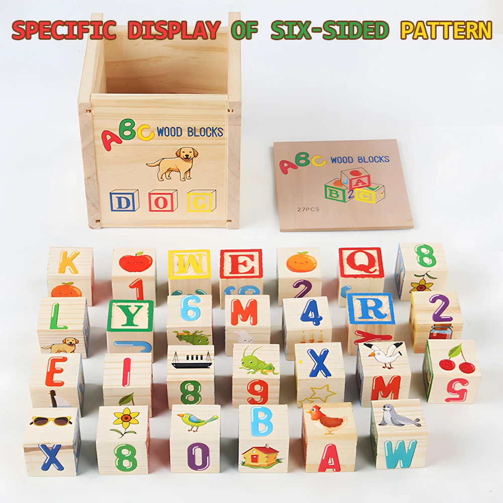 ABC Wooden Building Blocks for Children, 27 PCS Alphabet & Number Stacking Blocks,Montessori Educational Learning Toys For Kids
