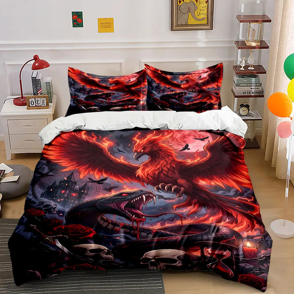 Dark Phoenix Snake Rose Skull Castle Aesthetic Print Bedding Set 1 Duvet Cover 2 Pillowcases for Adult and Children Luxury Gift