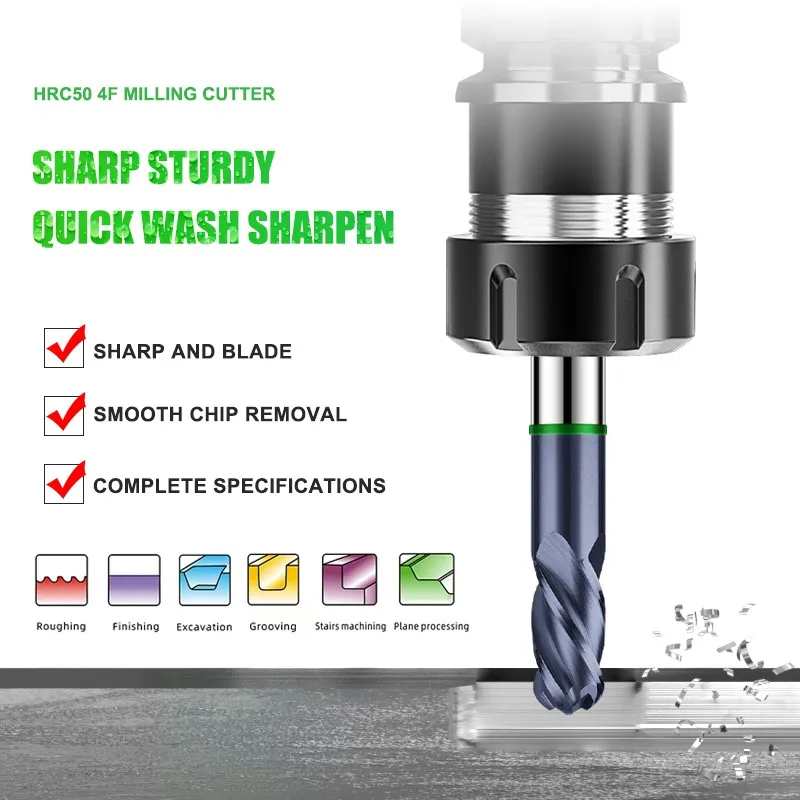 YIFINO TGH-HRC50 4-Flute Tungsten Steel Carbide Green-Ring Coating Ball End Milling Cutter CNC Mechanical Machin End Mill Tools