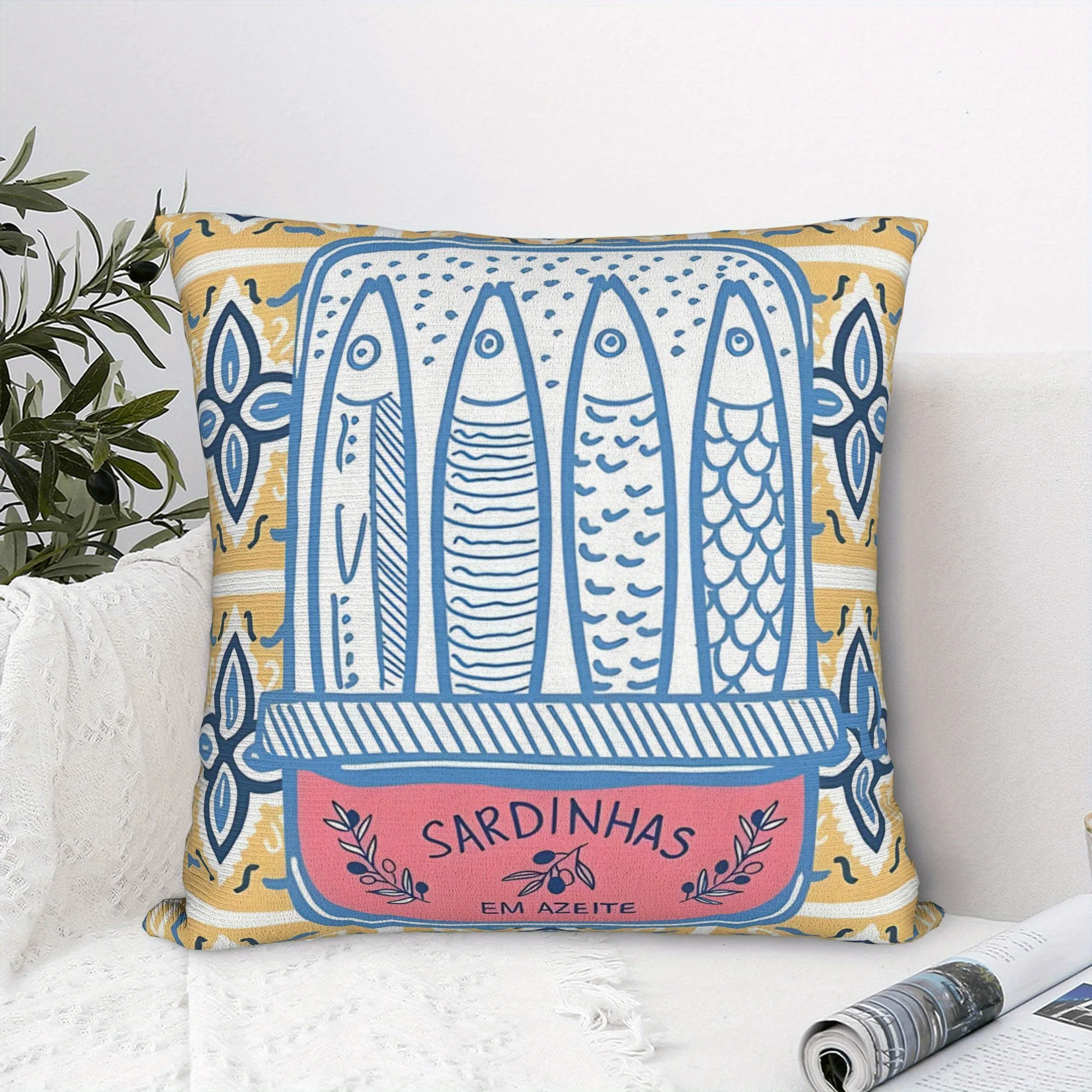 1pcs pillow cover portuguese sardines tin azulejo tile pattern yellow blue pink cushion cover for sofa living room decor