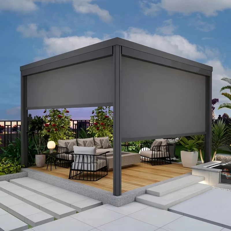 

Modern Outdoor Exterior PVC Electric Screen Shades Windproof Waterproof Adjustable Vertical Motor Built-in Light Custom LOGO